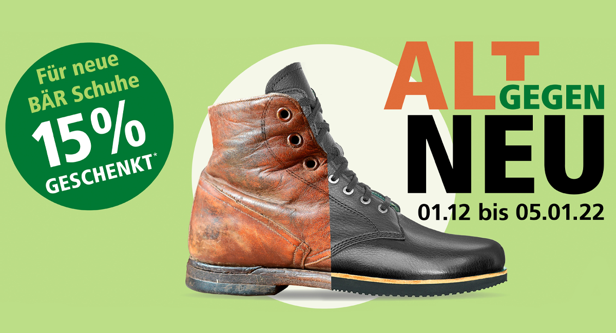 Promotional image showing old shoe replaced by new one with 15% discount offer for BÄR shoes valid from 01.12 to 05.01.22