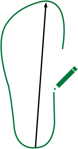 Illustration showing how to measure foot length using a pencil and straight line.