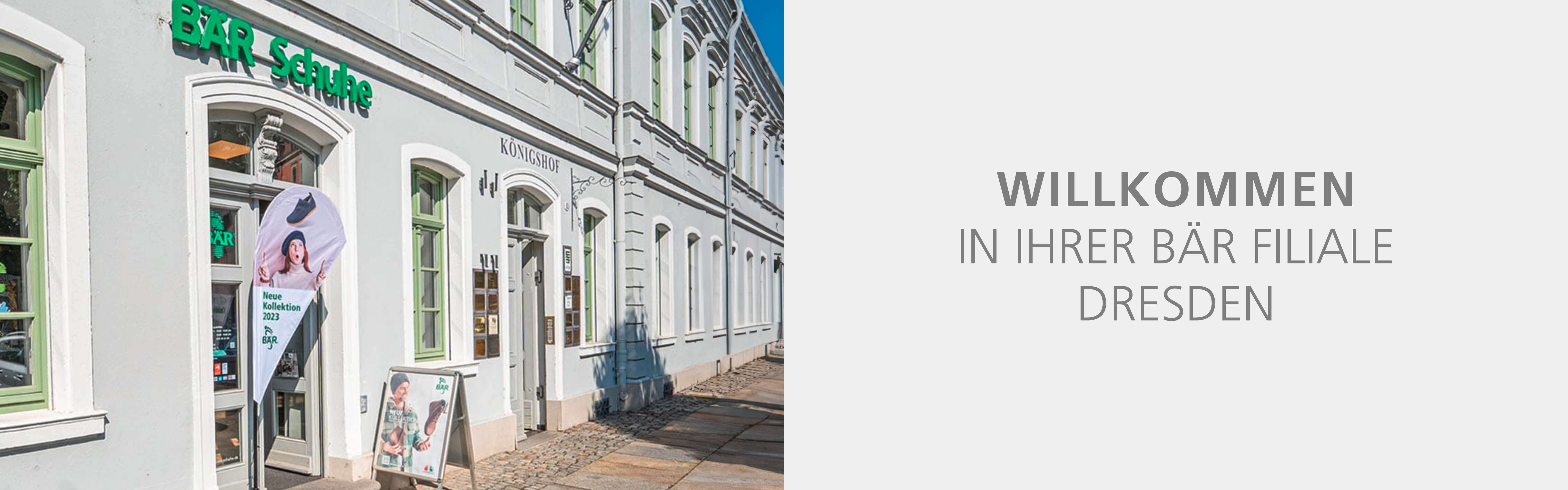 Entrance of BÄR Shoes store in Dresden with signage for new 2023 collection