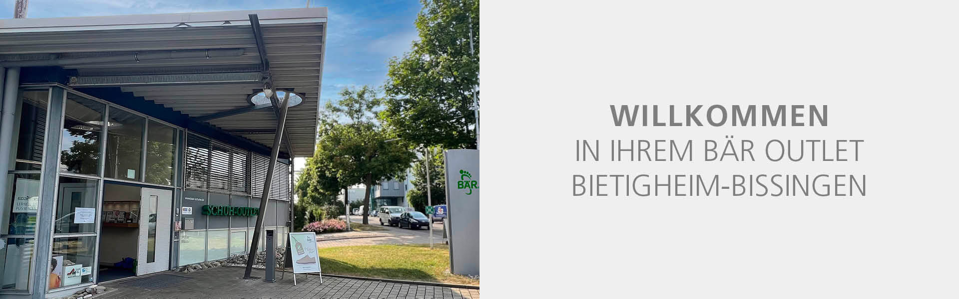 Front view of the BÄR shoe outlet in Bietigheim-Bissingen with welcoming sign