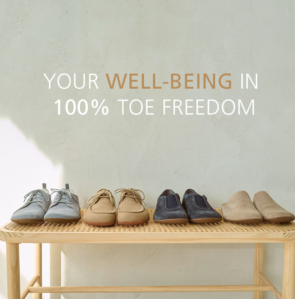 Four pairs of minimalist shoes on a bench with a message about well-being and toe freedom