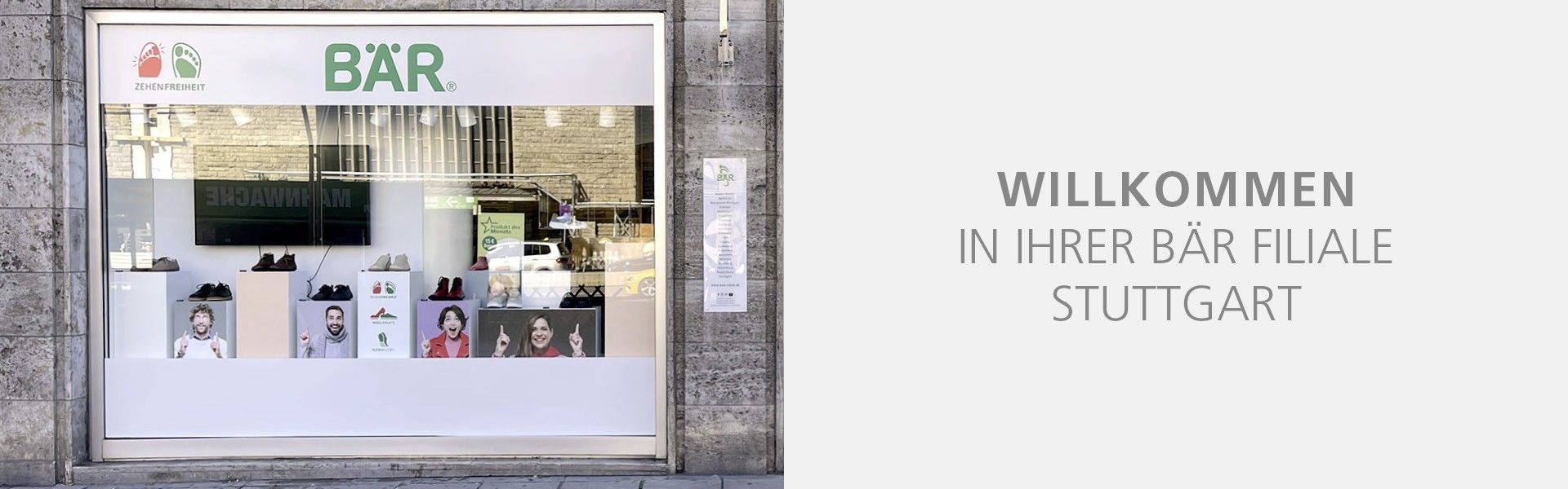 Front view of the BÄR shoe store in Stuttgart showcasing a welcoming display with shoes and promotional posters.