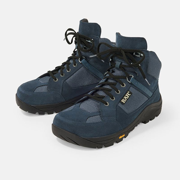 Pair of men's blue hiking boots with black laces and rugged soles, perfect for outdoor activities