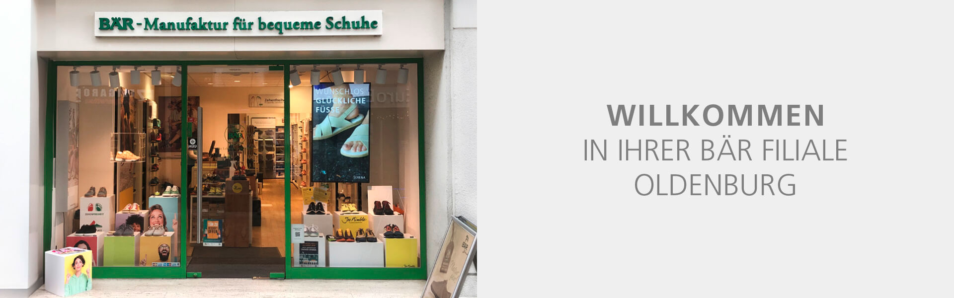 Front view of BÄR shoe store in Oldenburg with a welcoming sign and display of comfortable footwear.