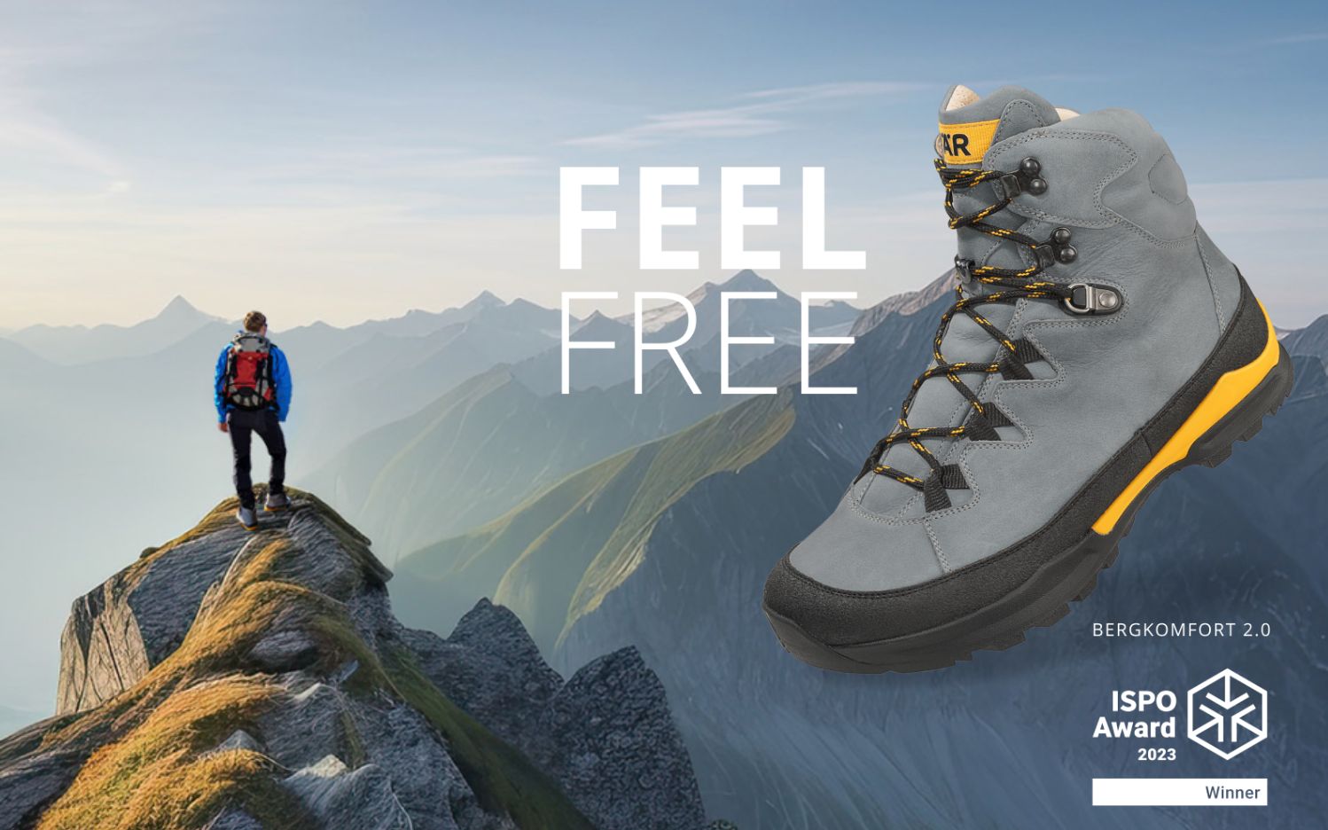 A hiker stands on a mountain peak with Bergkomfort 2.0 hiking boots in the foreground, showcasing their rugged design. The image features the text 'Feel Free' and highlights the ISPO Award 2023 Winner badge.