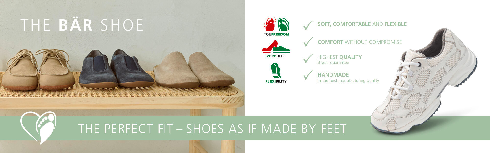 Four pairs of BÄR shoes on a bench, highlighting features: toe freedom, zero heel, flexibility, comfort, and quality.