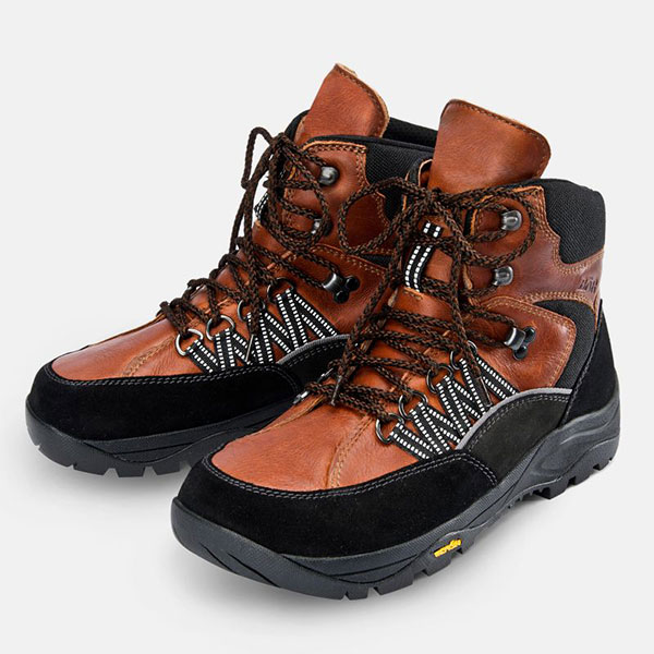 A pair of brown and black leather hiking boots with sturdy soles and lace-up design, ideal for outdoor adventures.