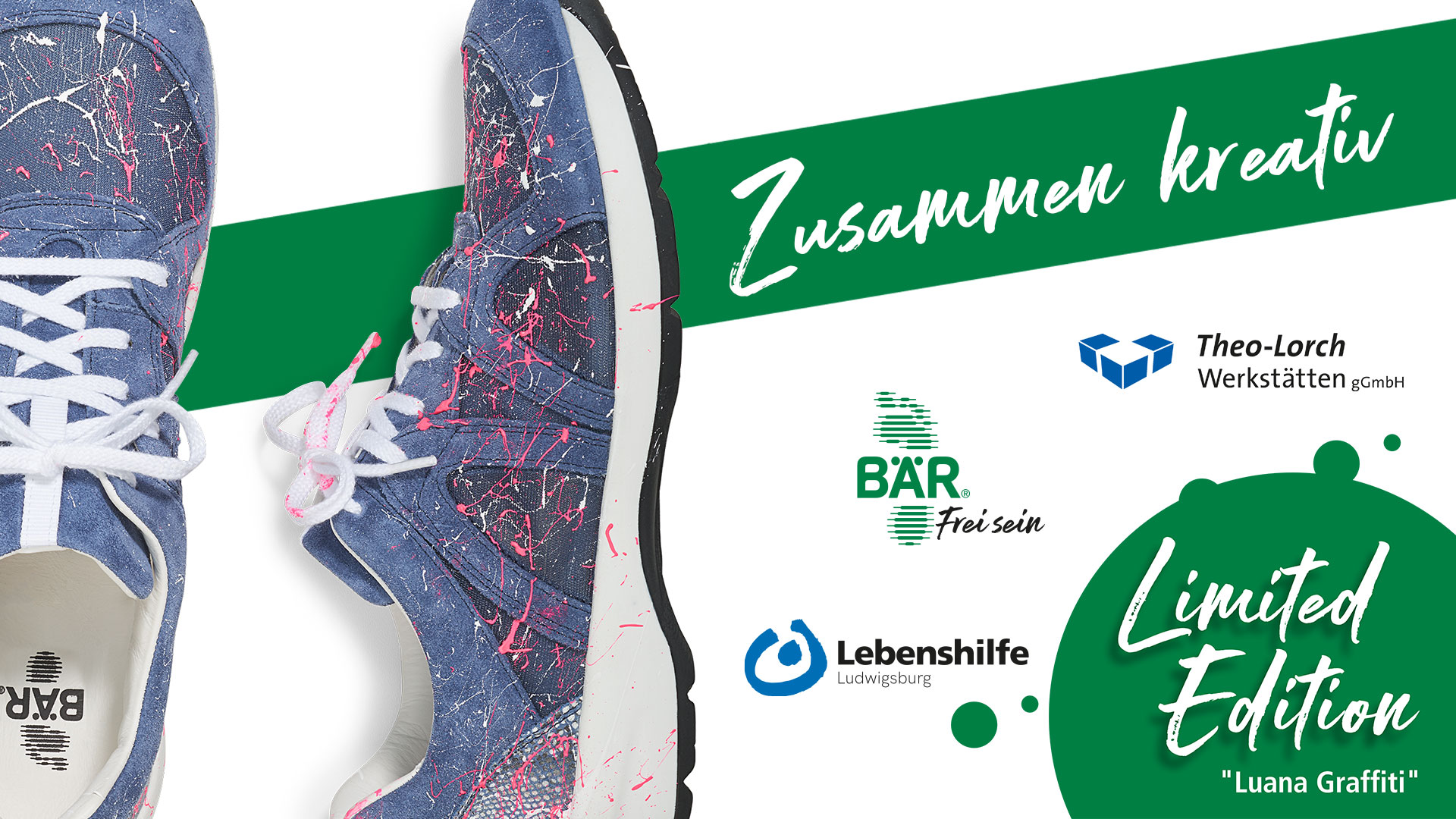 Blue and pink splatter design shoes by BÄR, part of the 'Luana Graffiti' limited edition, with logos from Theo-Lorch Werkstätten and Lebenshilfe Ludwigsburg.