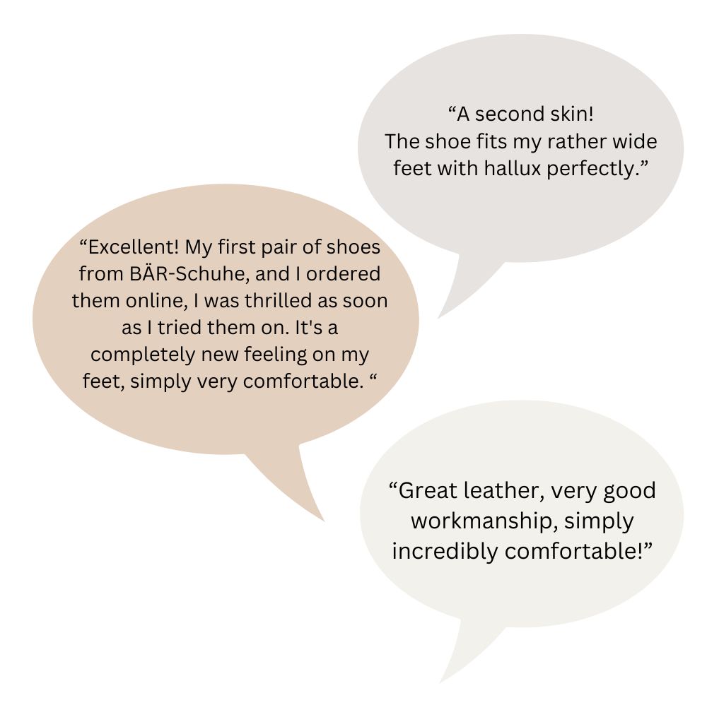Speech bubbles with customer reviews praising BÄR-Schuhe shoes for comfort, perfect fit, and quality craftsmanship.