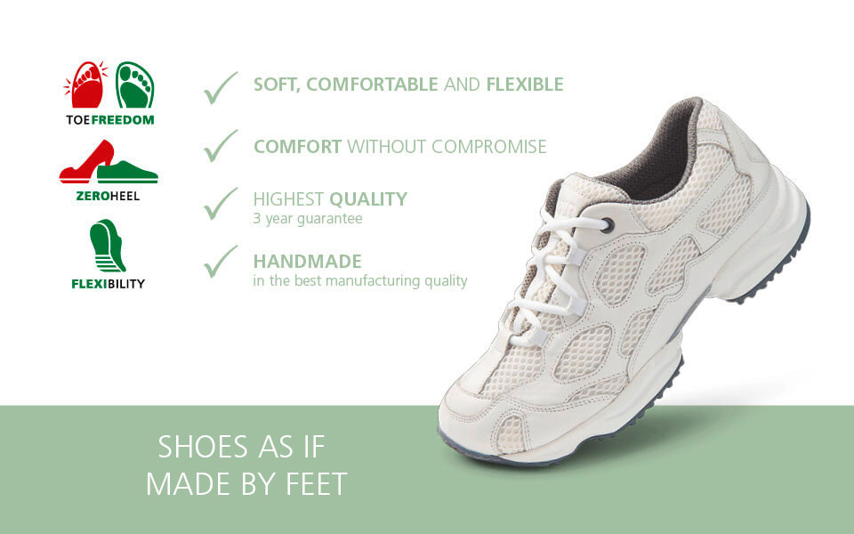 White shoe with features like soft comfort, zero heel, and flexibility highlighted; labeled 'Shoes as if Made by Feet'