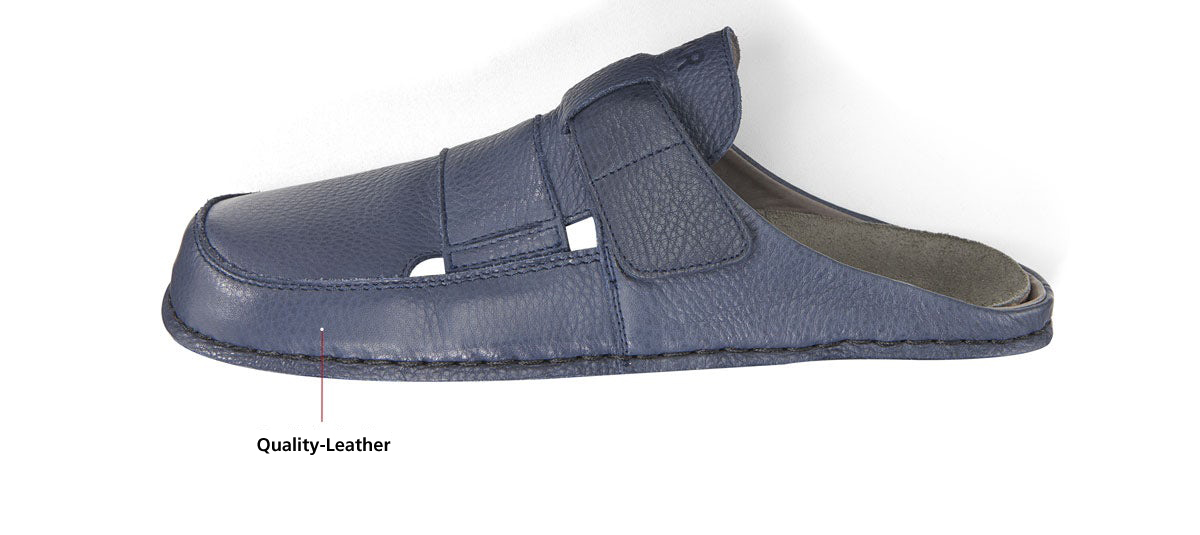 Side view of a men's blue leather slip-on sandal with quality leather detail