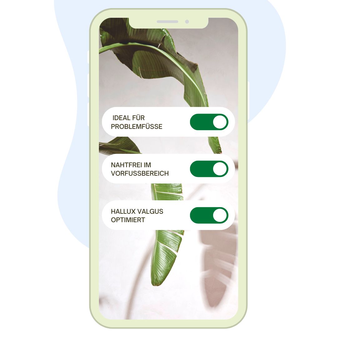 Smartphone screen displaying options for shoes suitable for problem feet, seamless in the forefoot, and optimized for hallux valgus