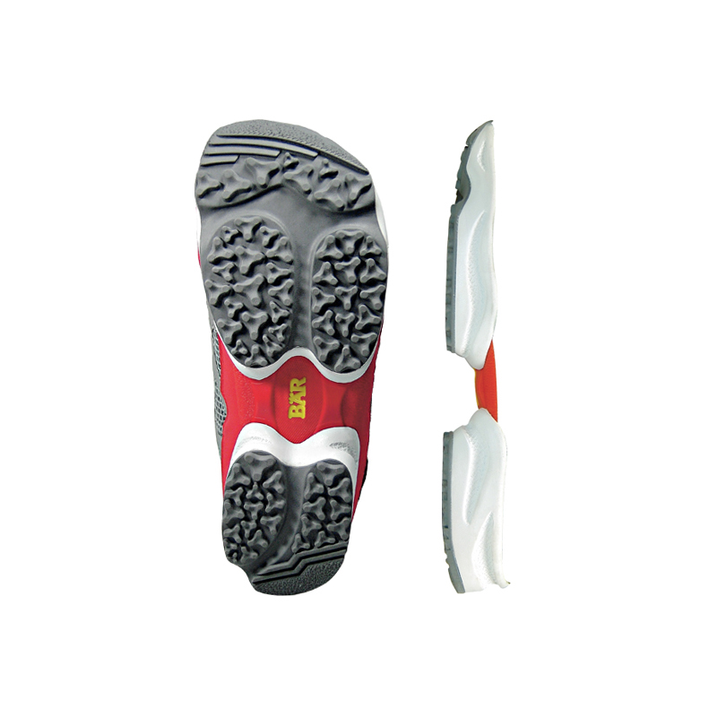 Red and gray sports shoes shown from the bottom and side, highlighting rugged soles for better traction.