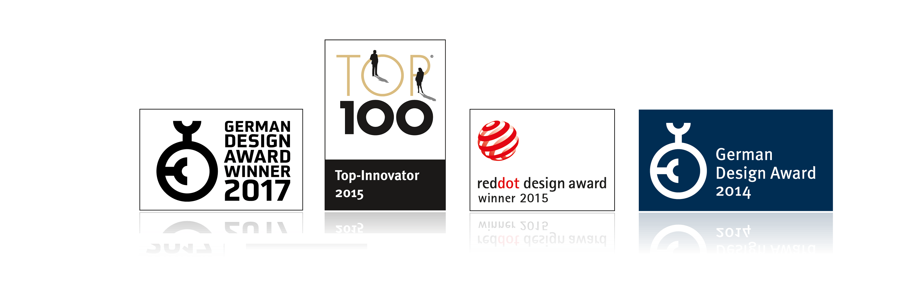 Collage of awards including German Design Award Winner 2017, Top 100 Innovator 2015, Red Dot Design Award Winner 2015, and German Design Award 2014