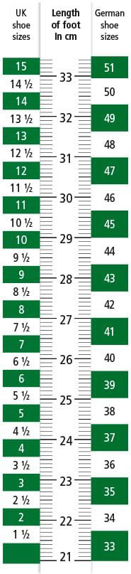 Conversion chart showing UK shoe sizes, foot length in cm, and German shoe sizes for accurate size selection.