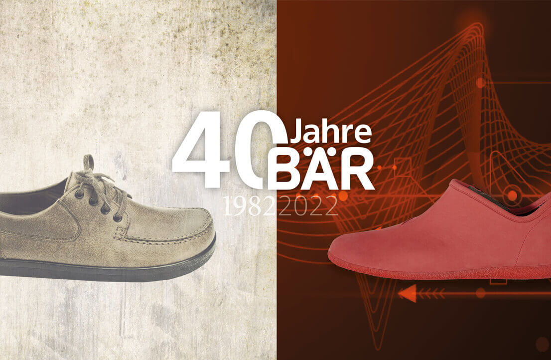 Image celebrating 40 years of BÄR shoes with a vintage casual shoe and a modern slip-on shoe