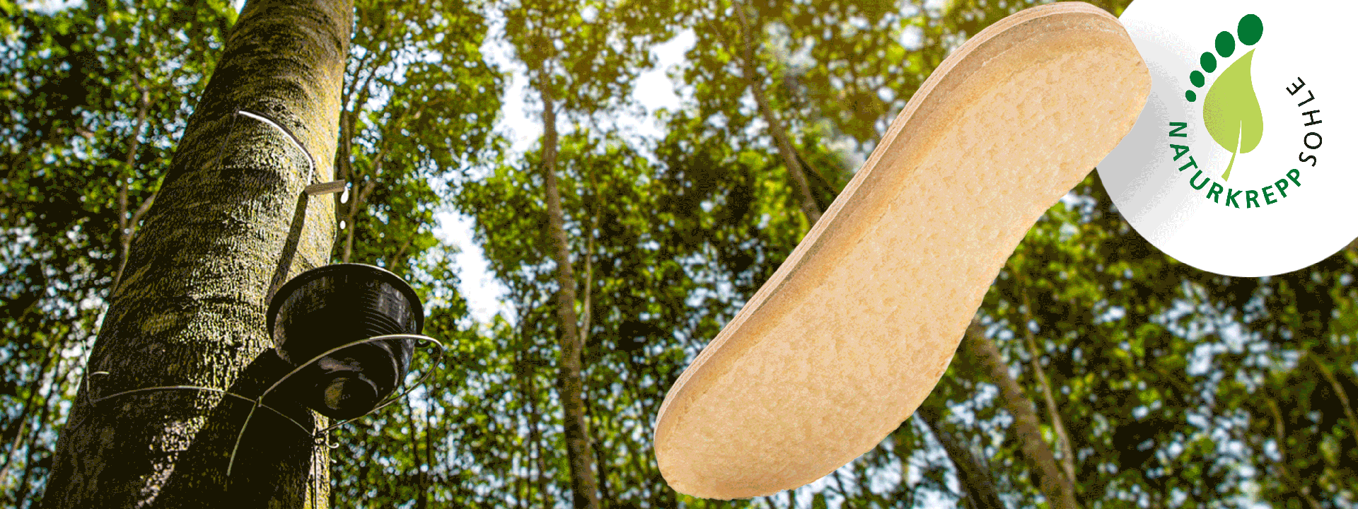 Image of a natural crepe sole with a forest in the background, highlighting eco-friendly materials.