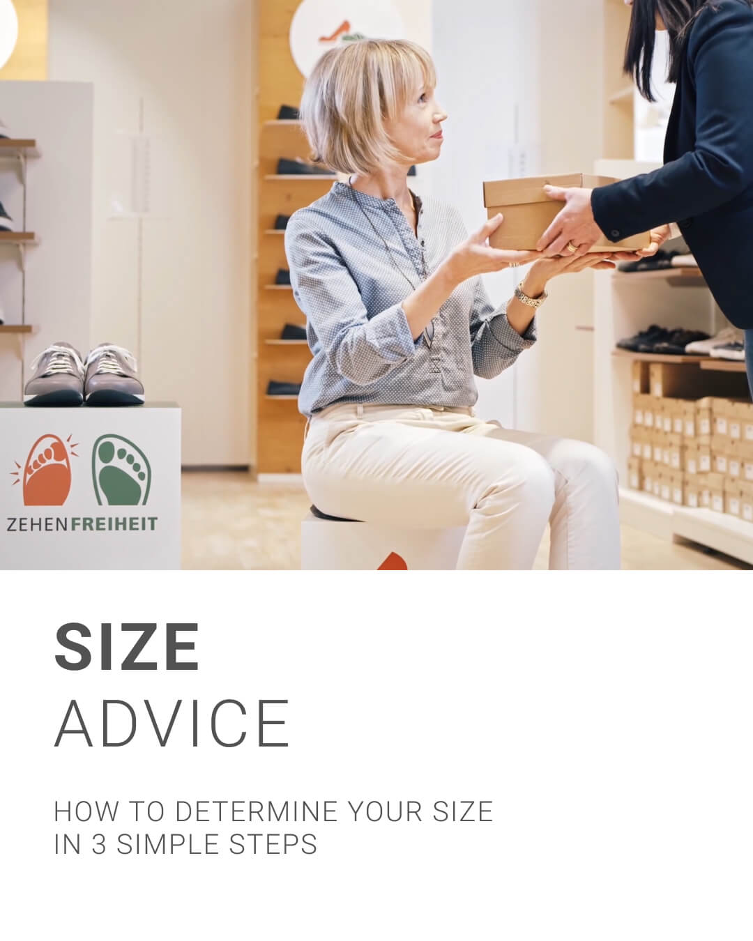 A woman receiving shoe size advice in a store, highlighting three simple steps to determine the right shoe size.