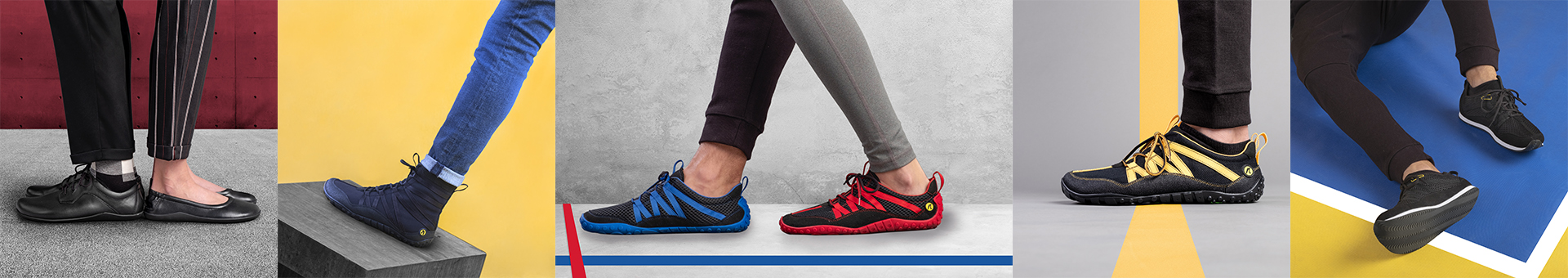 Row of stylish athletic sneakers in various colors and designs, showcasing modern footwear trends on different backgrounds.