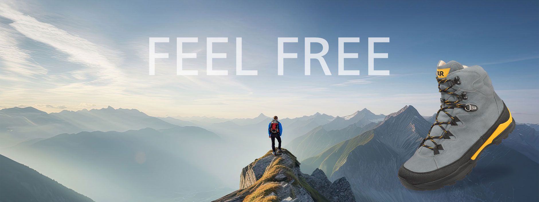 A hiker standing on a mountain peak under a sky with clouds, with the text 'FEEL FREE' and a hiking boot shown in the image