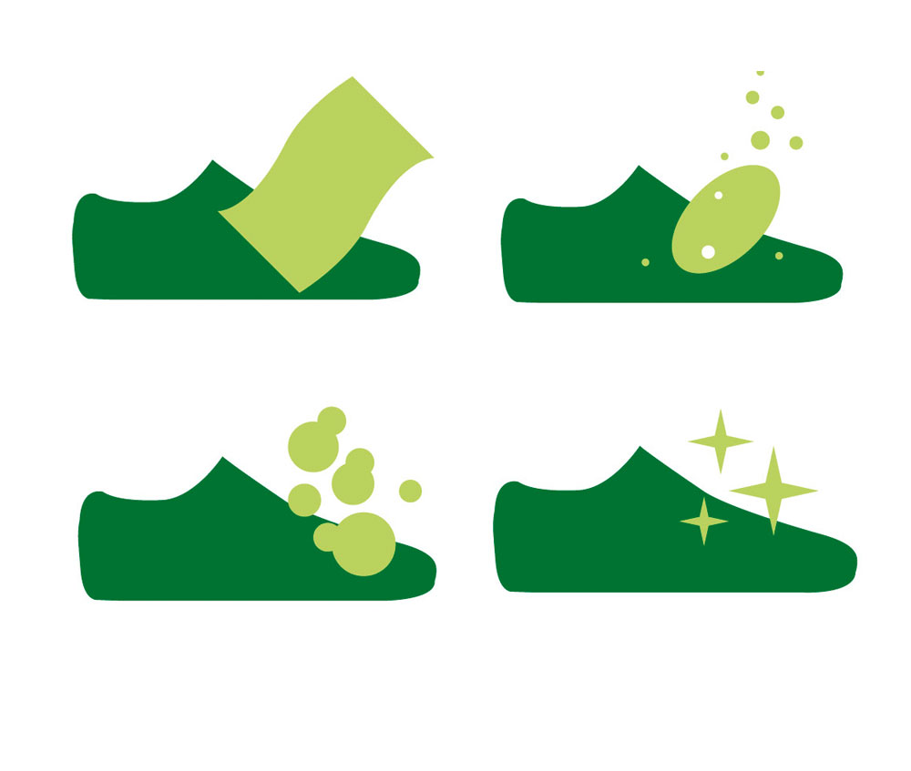 Graphic depicting a four-step shoe cleaning process with icons showing brushing, applying cleaner, scrubbing, and a sparkly clean shoe.