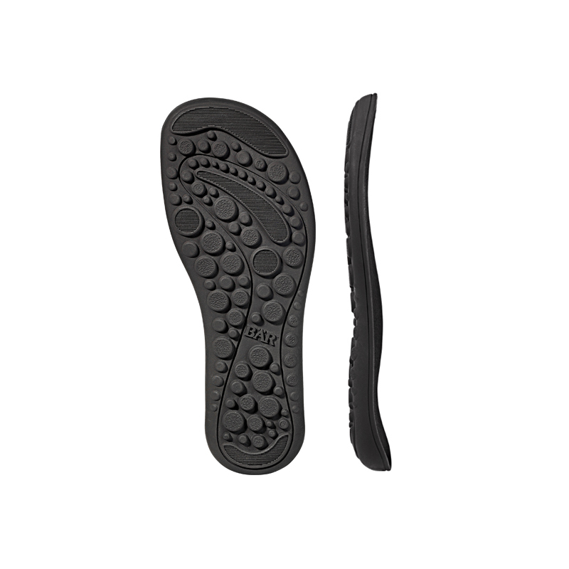 Two black shoe insoles displaying ergonomic design for comfort and support.