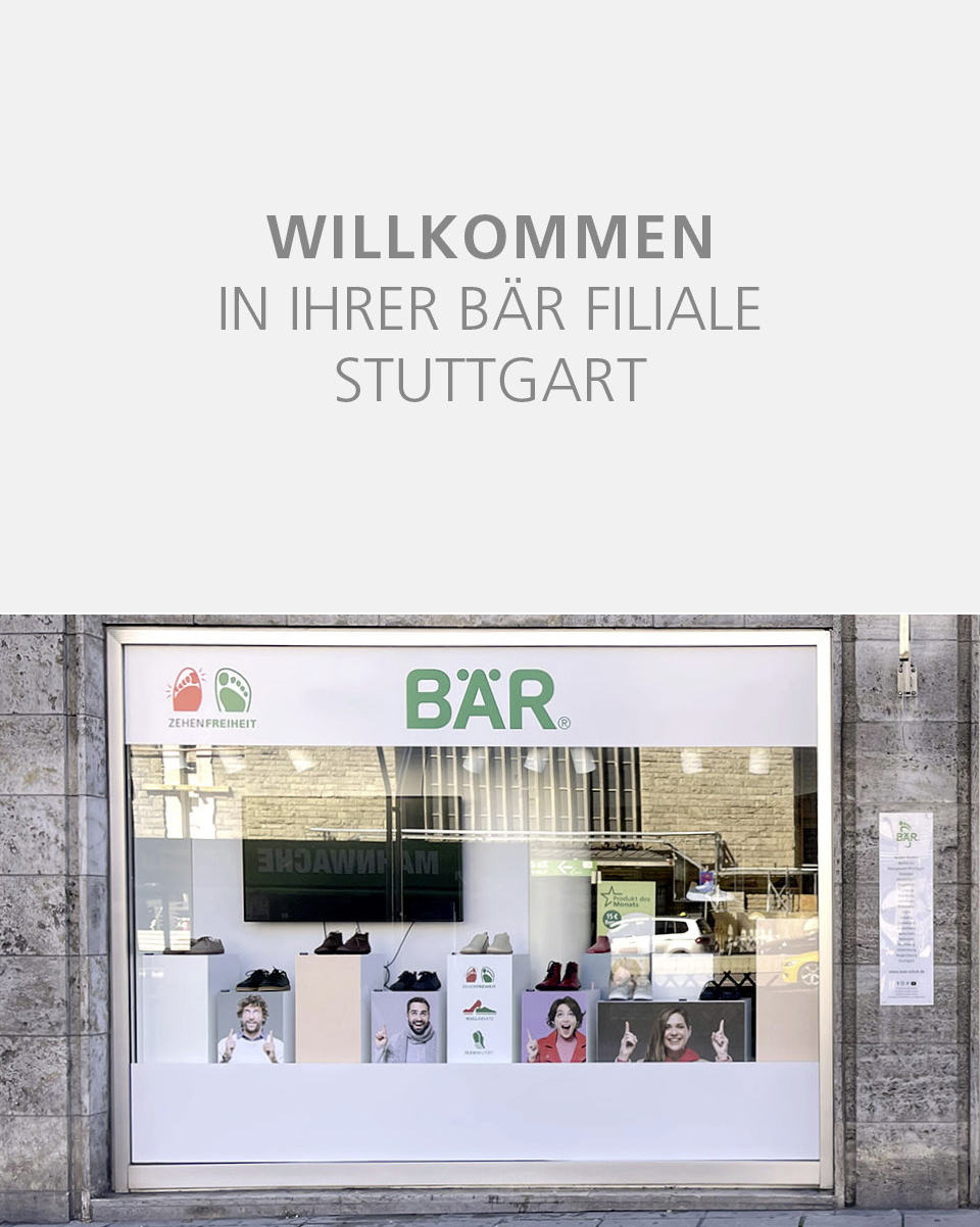 Exterior view of BÄR shoe store in Stuttgart with welcome sign