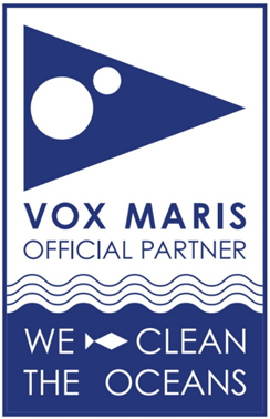 Vox Maris partnership badge with waves and text 'We Clean the Oceans'