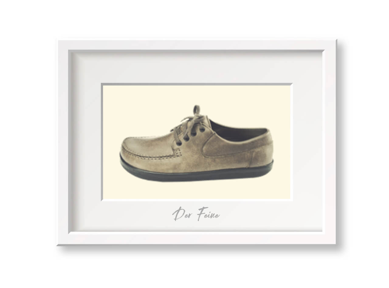 A brown suede shoe with laces, displayed inside a white frame with the label 'Der Feine' beneath.