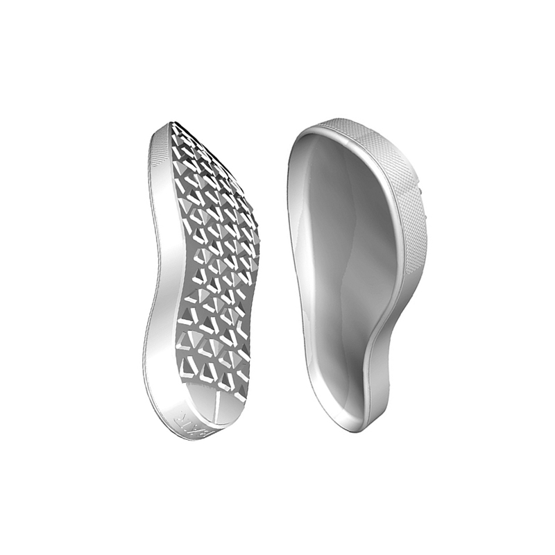 Pair of white orthopedic insoles showcasing a textured surface and ergonomic design