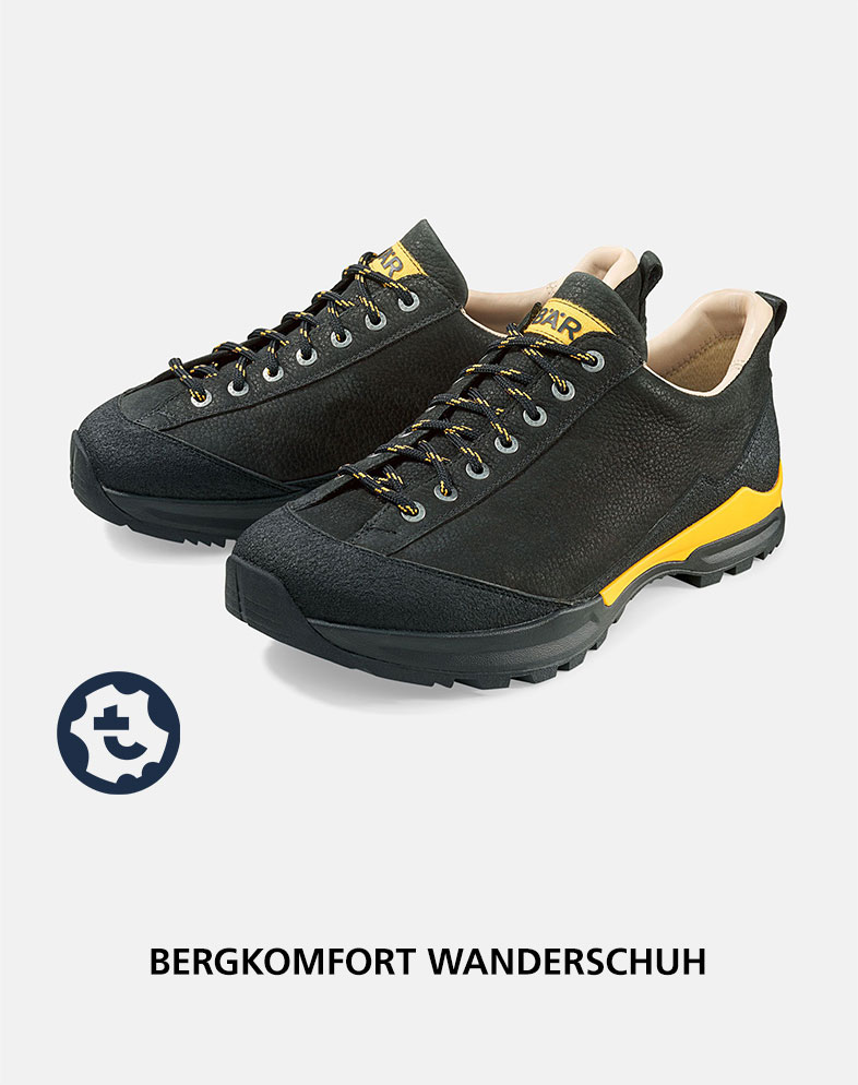 Black and yellow mountain comfort hiking shoe designed for durability and style in outdoor activities.