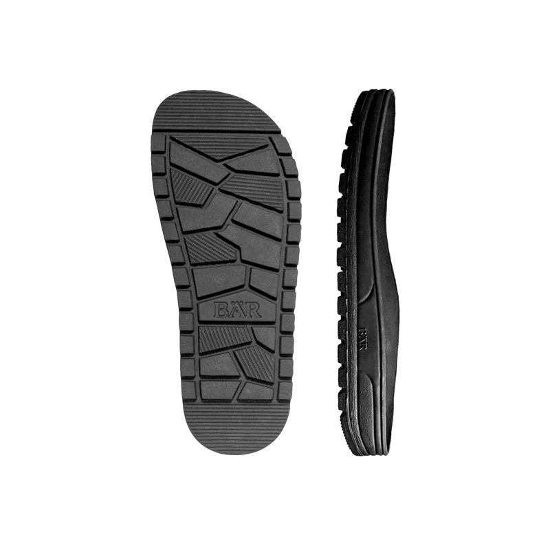 Top and side view of black shoe soles showing detailed tread design