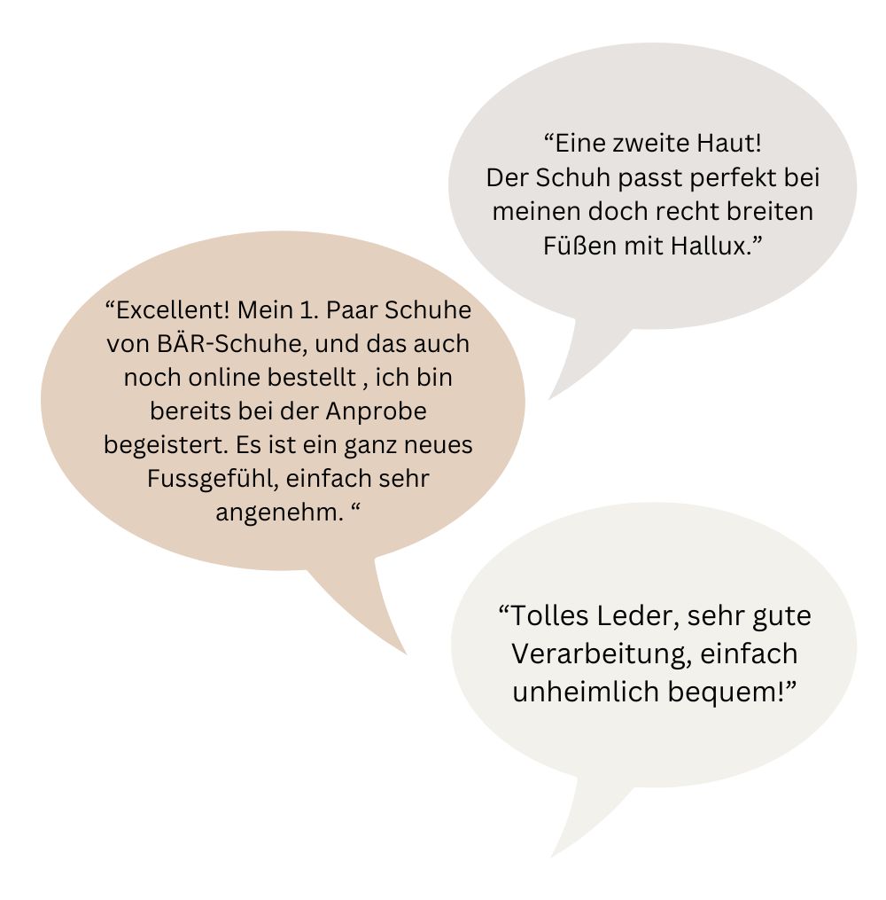 Image showing customer reviews highlighting comfort, perfect fit for wide feet with hallux, and excellent craftsmanship of BÄR-Schuhe shoes.