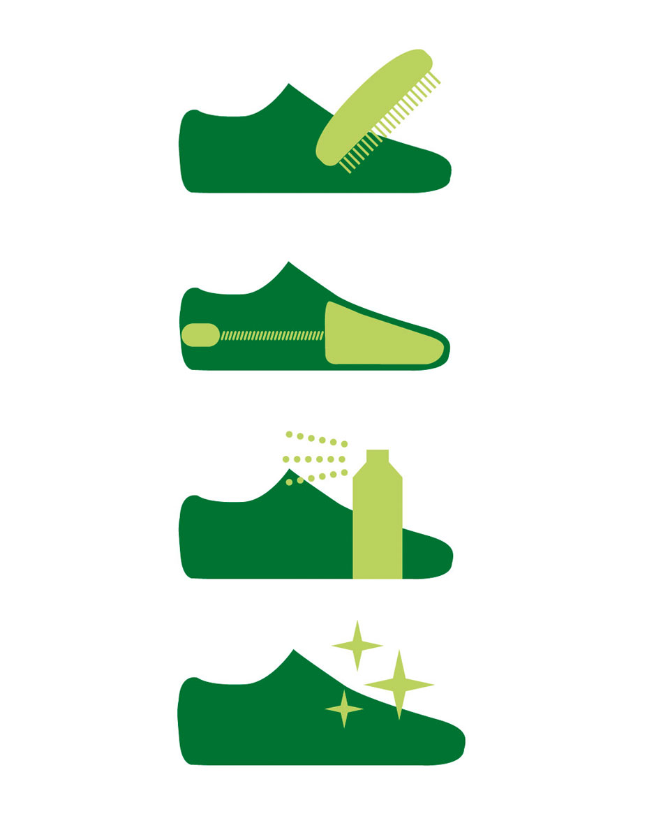 Illustration depicting a step-by-step shoe cleaning process with four stages including brushing, applying cleaner, spraying, and showing a polished shoe.