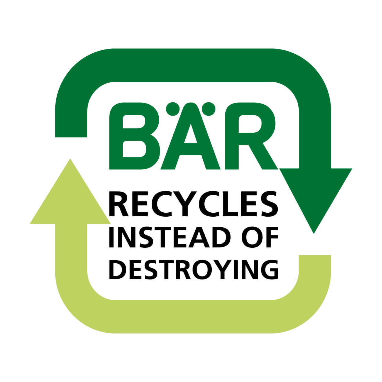 Logo of BÄR with a green recycling symbol and the slogan 'Recycles Instead of Destroying'.