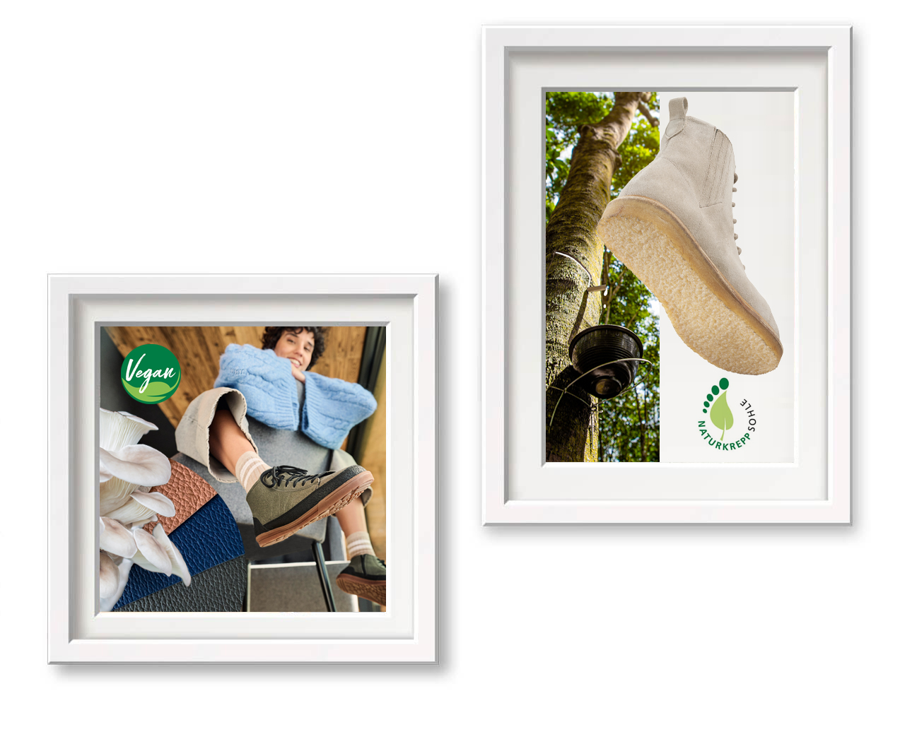 Vegan shoes with natural crepe soles showcased in frames, emphasizing eco-friendliness and sustainable materials