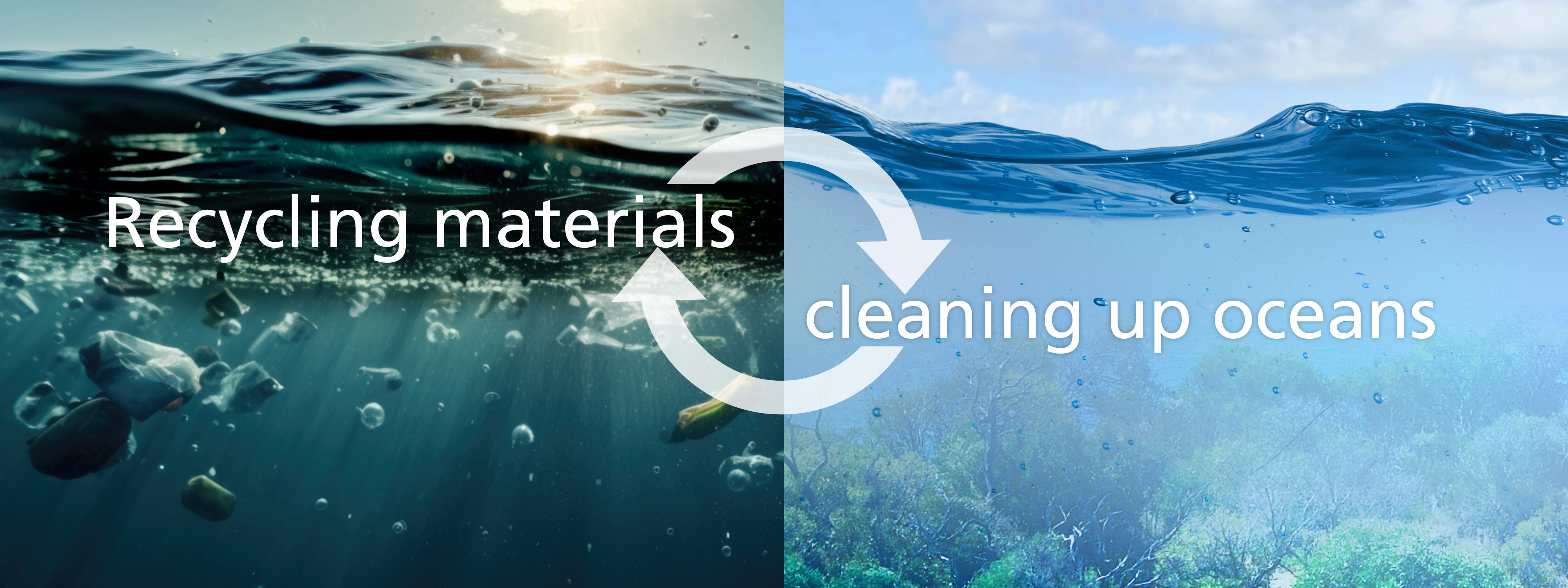Split ocean image depicting recycling materials on the left and clean ocean water on the right, symbolizing environmental restoration.