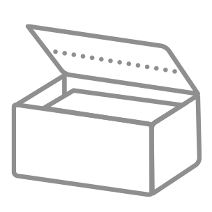 Illustration of a grey storage box with an open lid and dotted line design.