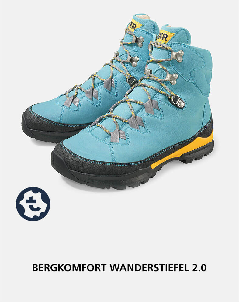 A pair of blue hiking boots with grey and yellow accents, designed for comfort and durability in mountain terrains.