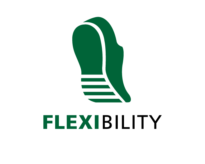 Logo featuring a stylized green footprint and the word 'Flexibility' in bold letters