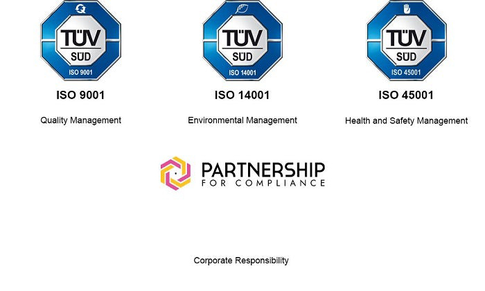 Logos for ISO 9001 Quality Management, ISO 14001 Environmental Management, ISO 45001 Health and Safety Management, and Partnership for Compliance