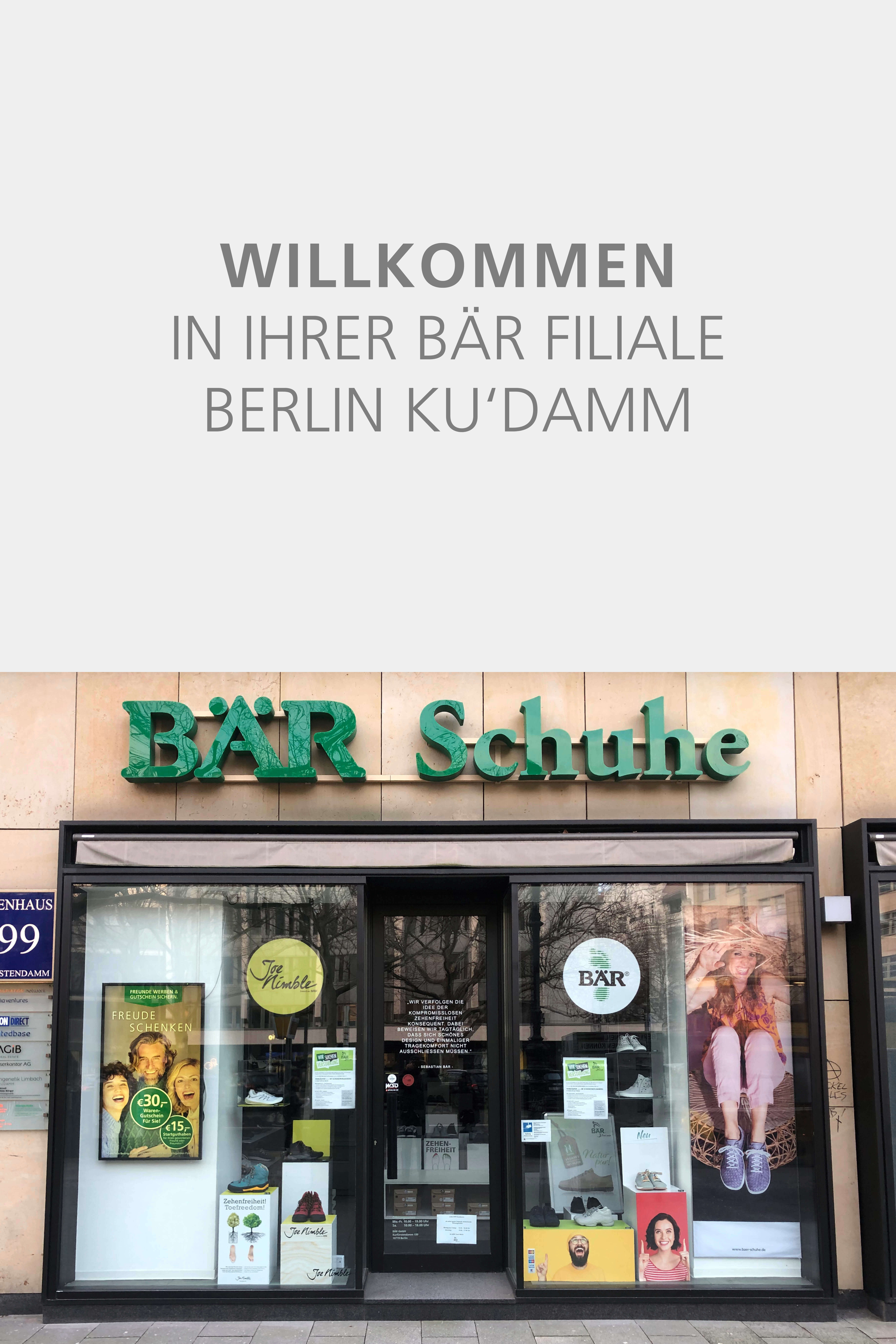 Exterior view of the BÄR shoes store at Berlin Ku'damm welcoming customers.