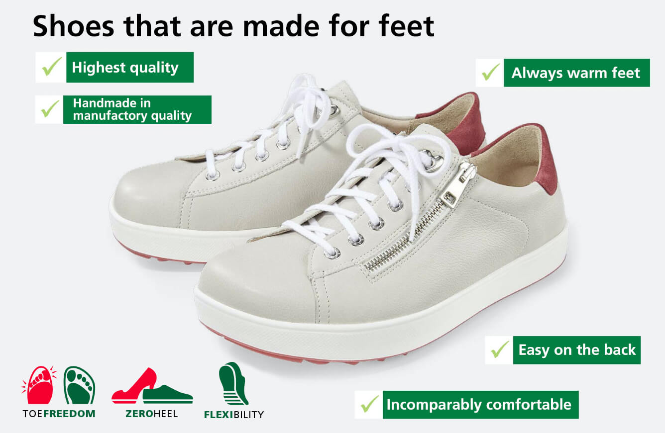 White shoes with laces and side zippers, designed for comfort and optimal foot health, showcasing features like highest quality, handcrafted, warmth, zero heel, and flexibility.